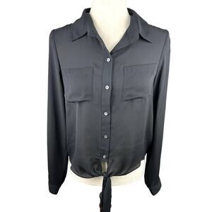 ZOA Anthropologie Black Tie Front Button Down Long Sleeve Blouse Size S EUC